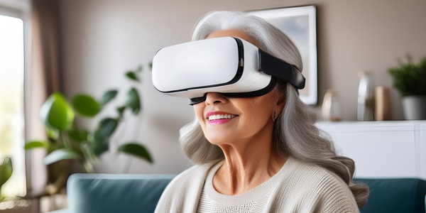 A photo of a senior woman with long gray hair wearing a virtual reality headset.